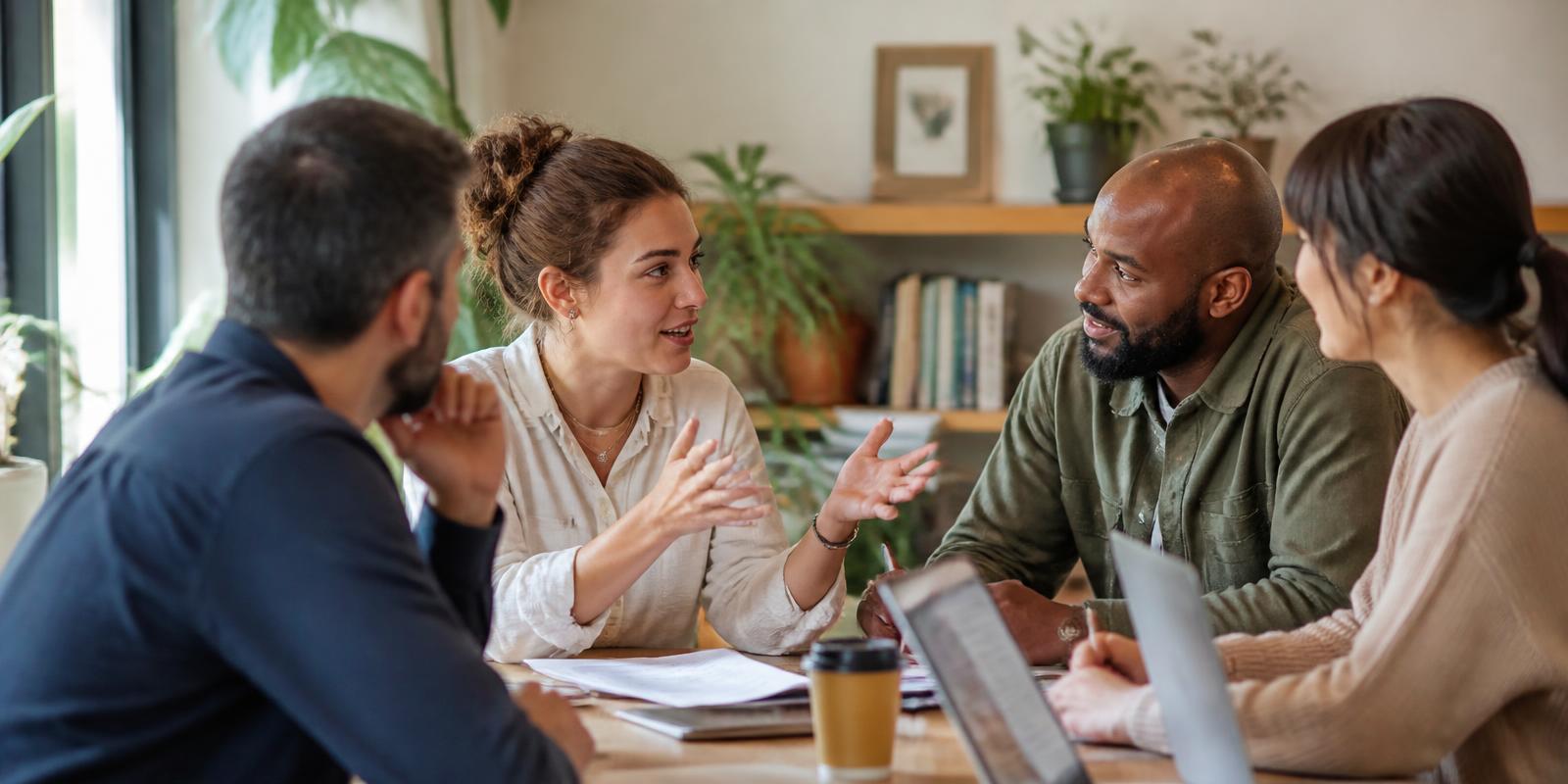 A small group in the middle of a discussion, worksheets on the table