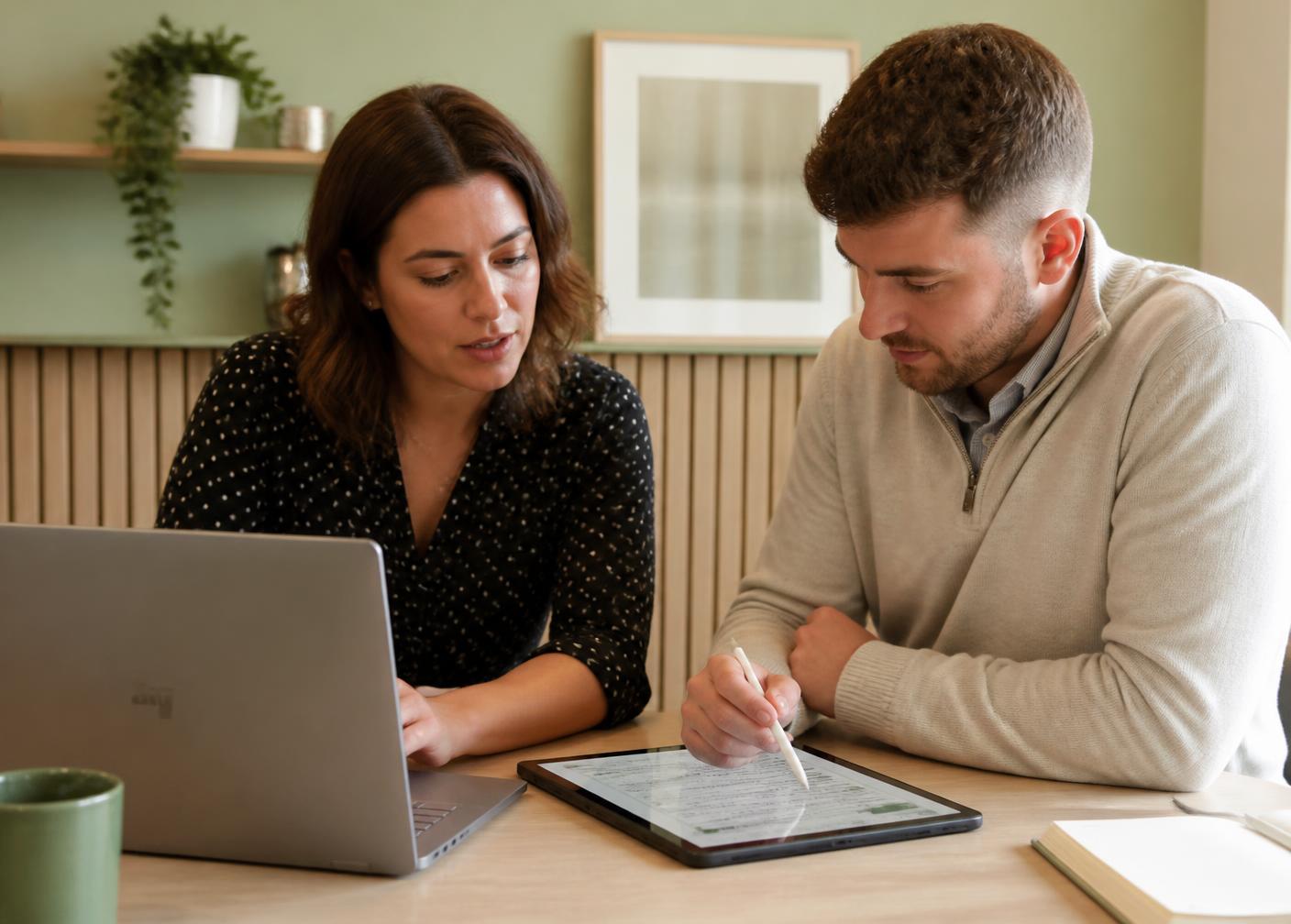 Two learners working through a worksheet on a laptop and tablet