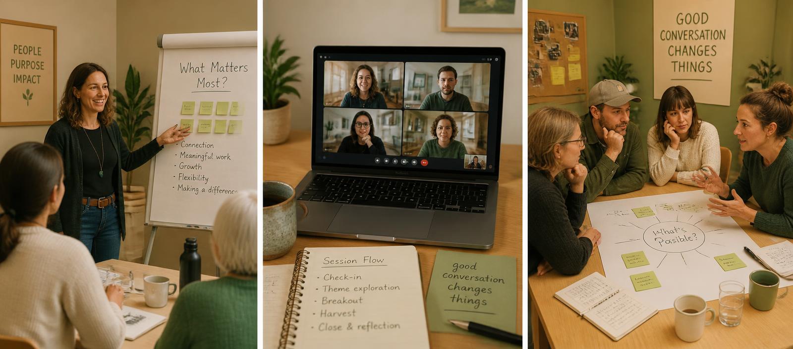 An in-person workshop, a remote session on a laptop, and a small team huddle